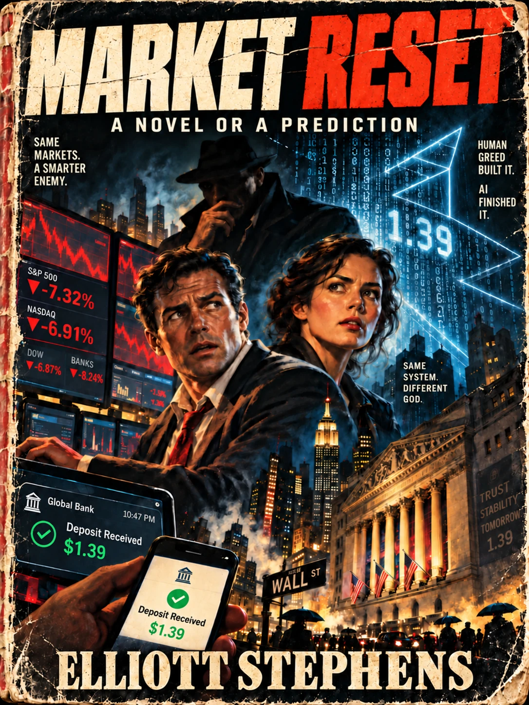 Market Reset: A Novel or a Prediction by Elliott Stephens — illustrated cover showing Daniel and Emma, falling markets, and a $1.39 deposit